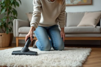 Femme à la maison qui aspire un tapis moderne