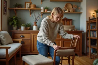 Femme inspectant un fauteuil en bois vintage dans un centre donation
