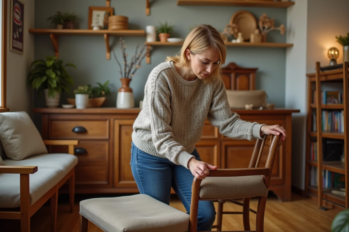 Femme inspectant un fauteuil en bois vintage dans un centre donation