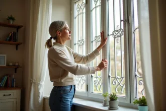 Femme à la maison fermant une fenêtre avec grille décorative