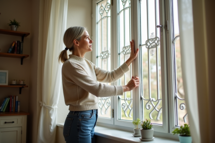 Femme à la maison fermant une fenêtre avec grille décorative
