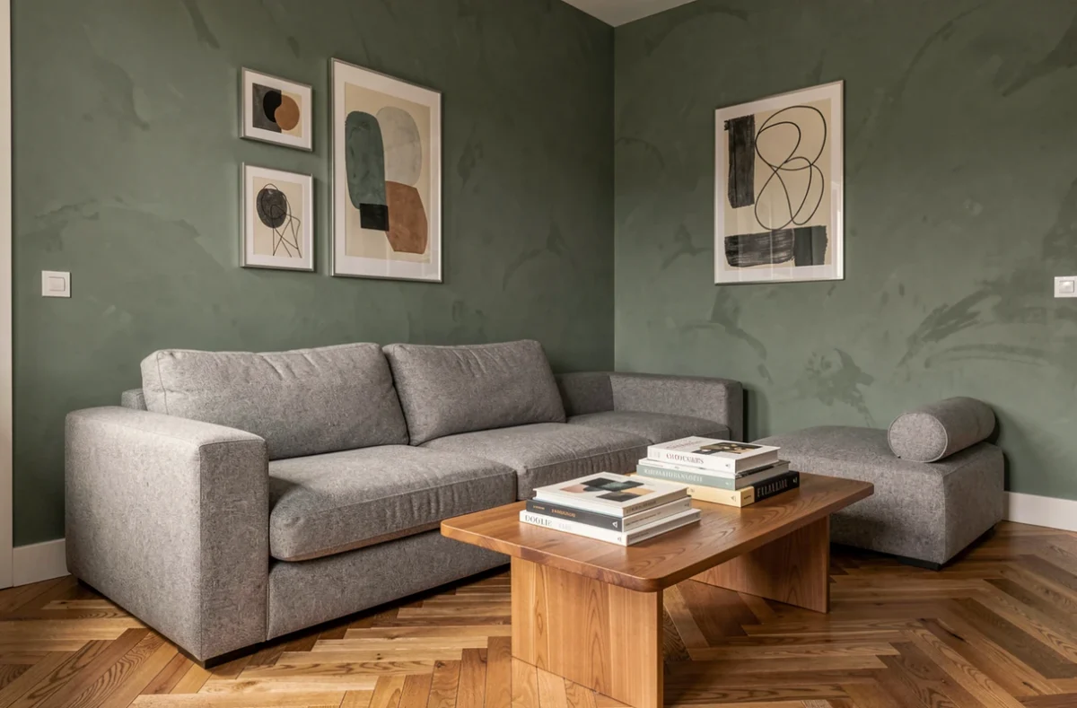 Appartement contemporain aménagé par Flat Design à Toulouse avec canapé modulaire gris, parquet en chevrons et mur en vert sauge
