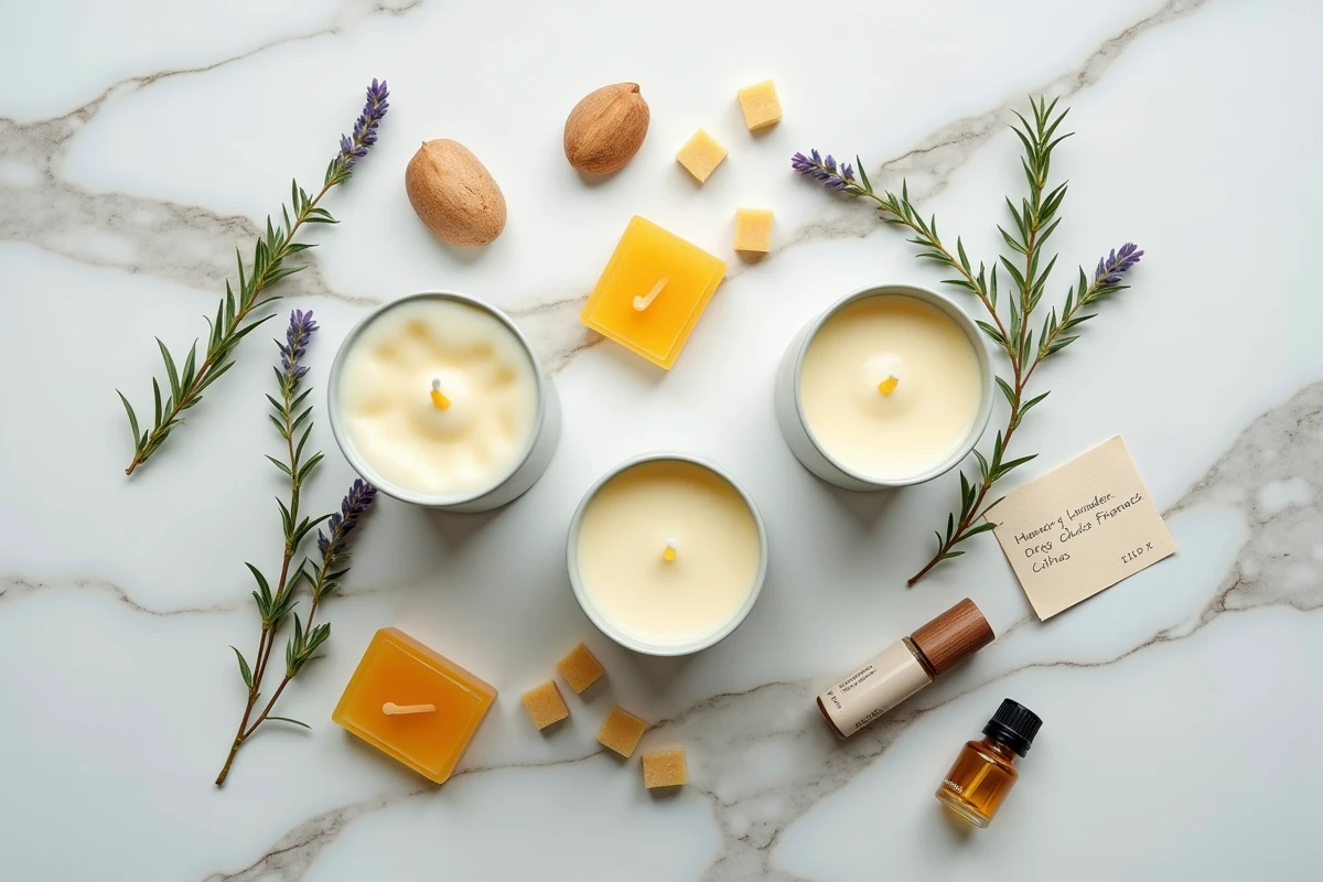 Flat lay de trois bougies parfumées artisanales françaises entourées de cire d'abeille brute, romarin séché et huiles essentielles sur marbre blanc