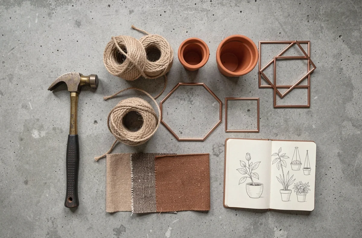 Flatlay d'outils et matériaux de décoration DIY sur béton brut pour moderniser un salon