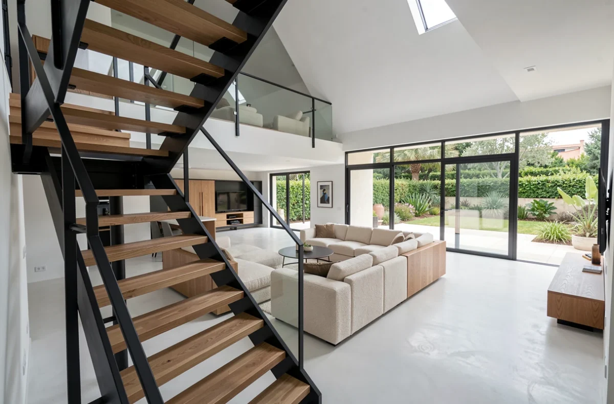 Architecture d'intérieur haut de gamme réalisée par For Interior Living à Montpellier avec escalier en acier et chêne, sol en microciment et verrière ouvrant sur terrasse