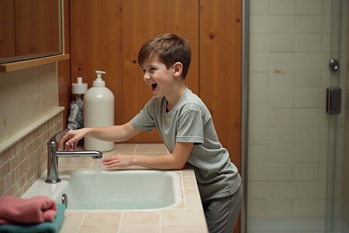 Adolescent tournant le robinet dans la salle de bain chaleureuse