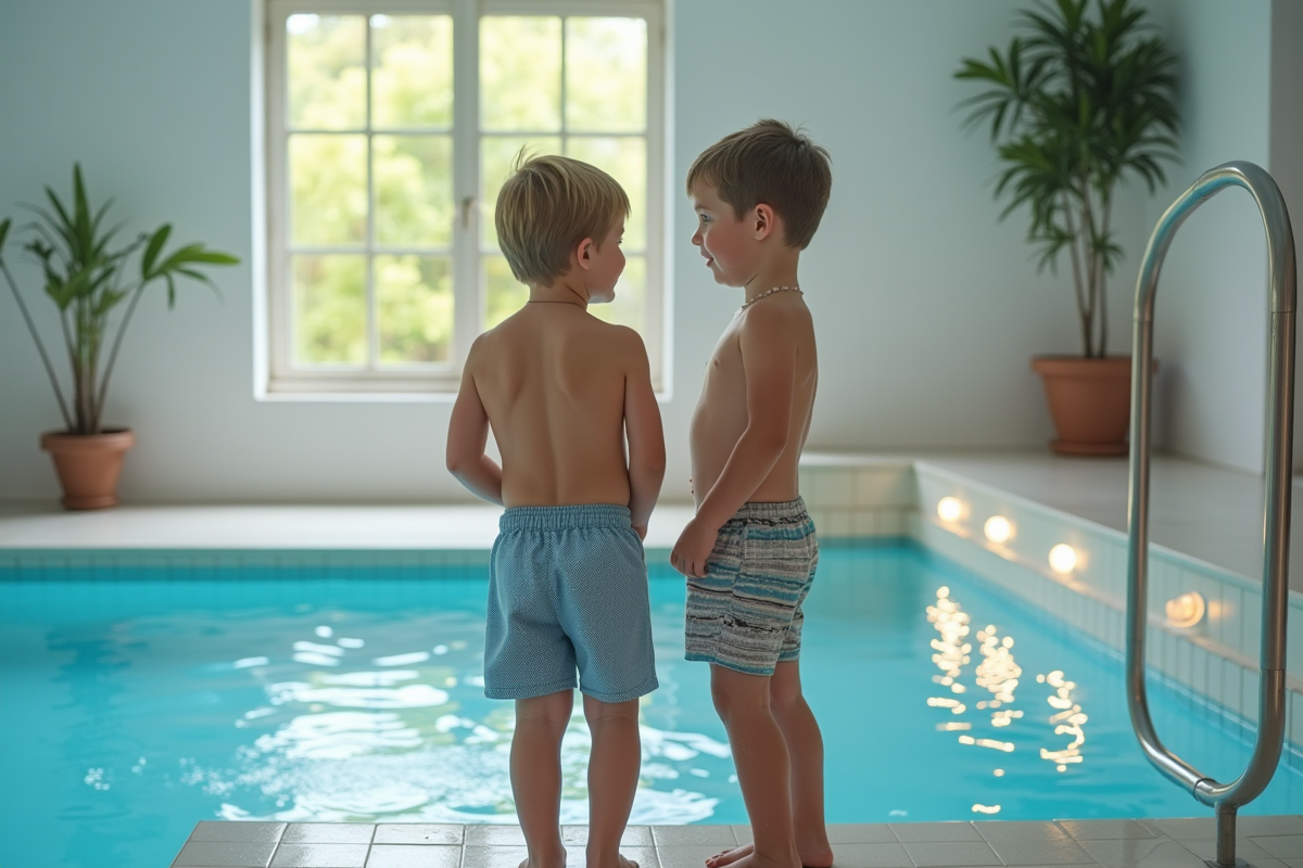 Deux jeunes garçons pointant vers les lumières dans une piscine intérieure