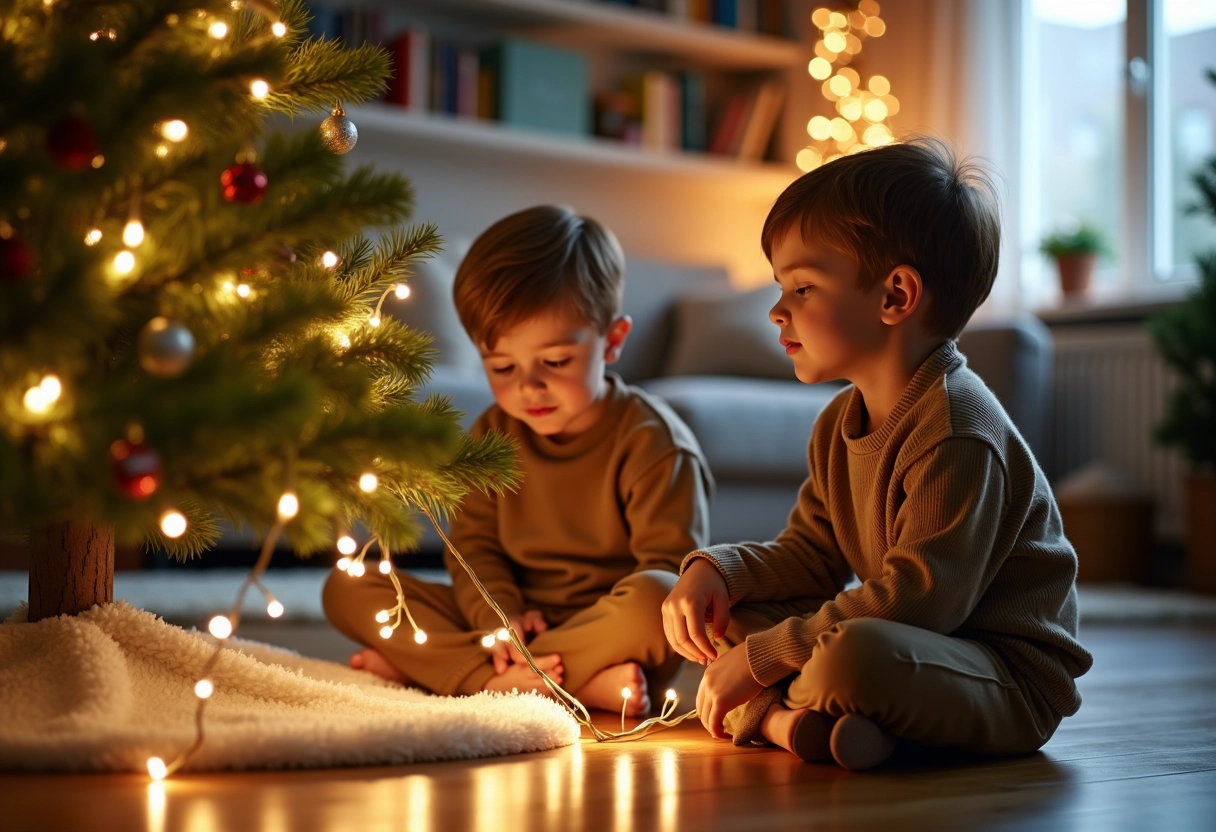 Deux garçons vérifiant les lumières de Noël sous le sapin