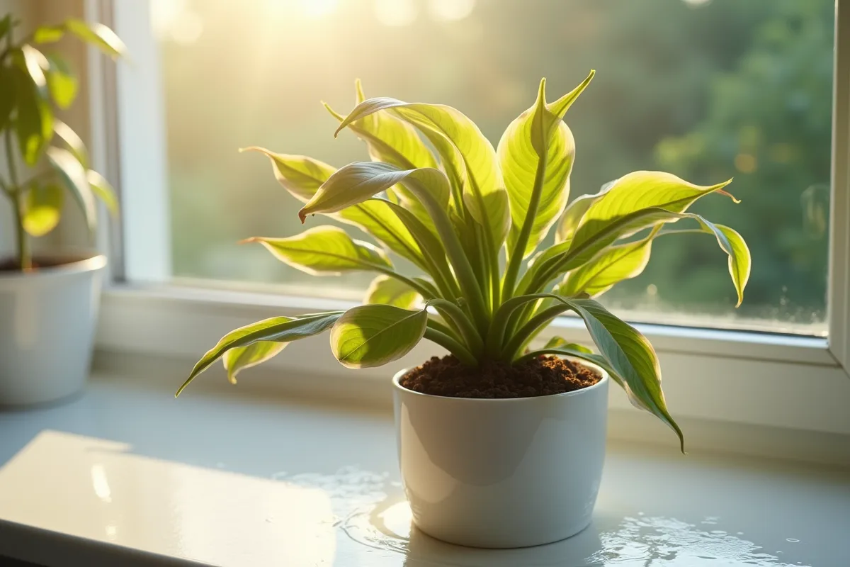 Feuilles jaunes et racines molles d'une plante trop arrosée