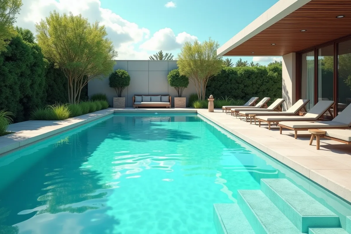 Coque de piscine en teinte bleue entourée de verdure luxuriante