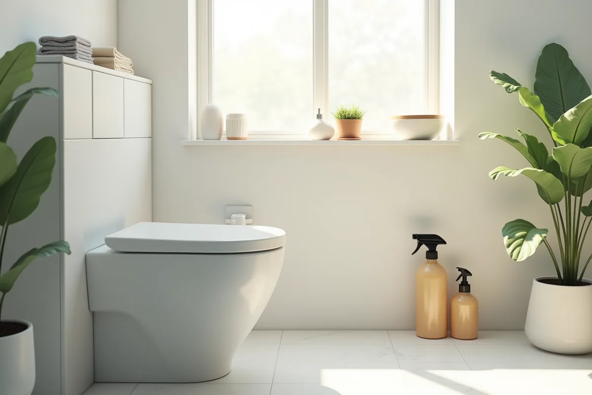 Cuvette de toilettes avec dépôts de tartre visibles et nettoyage en cours