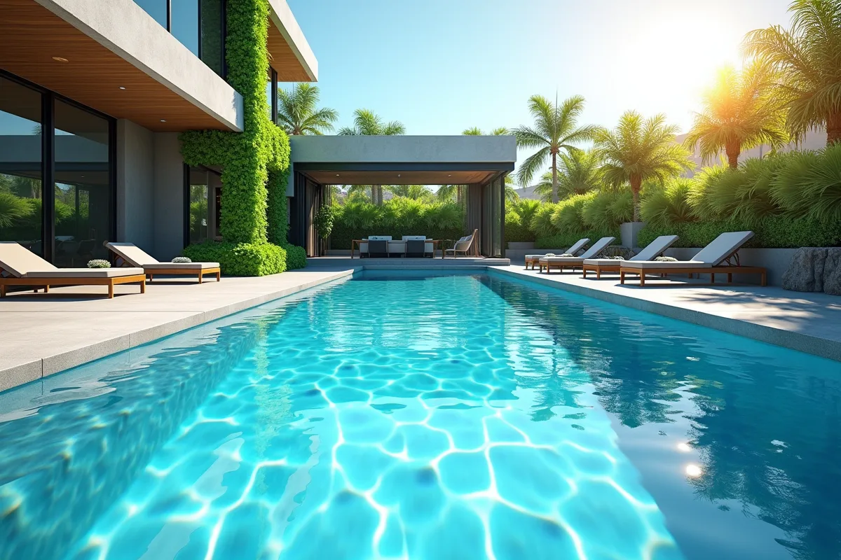 Nuances de bleu pour revêtement de piscine dans un jardin élégant