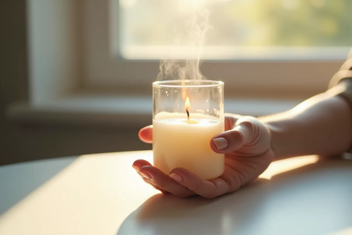 Pot de bougie vide avec résidu de cire et mèche restante
