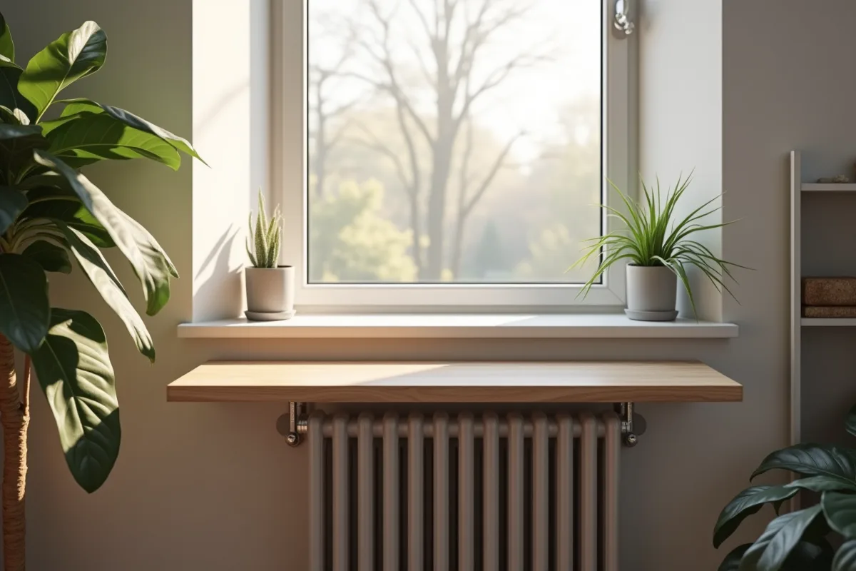 Planche en bois installée sur un radiateur pour optimiser le chauffage