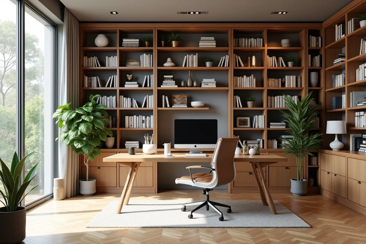 Espace bibliothèque et bureau bien agencé et harmonieux