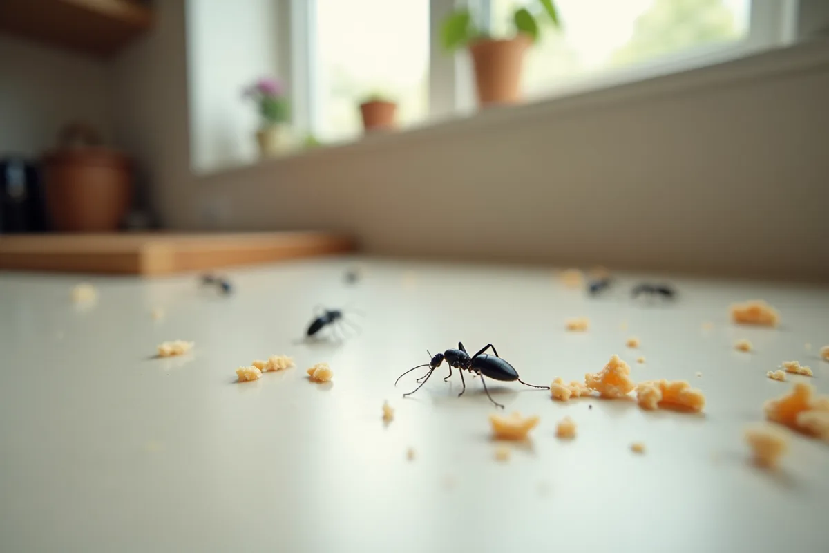 Petit insecte noir rampant sur un sol domestique