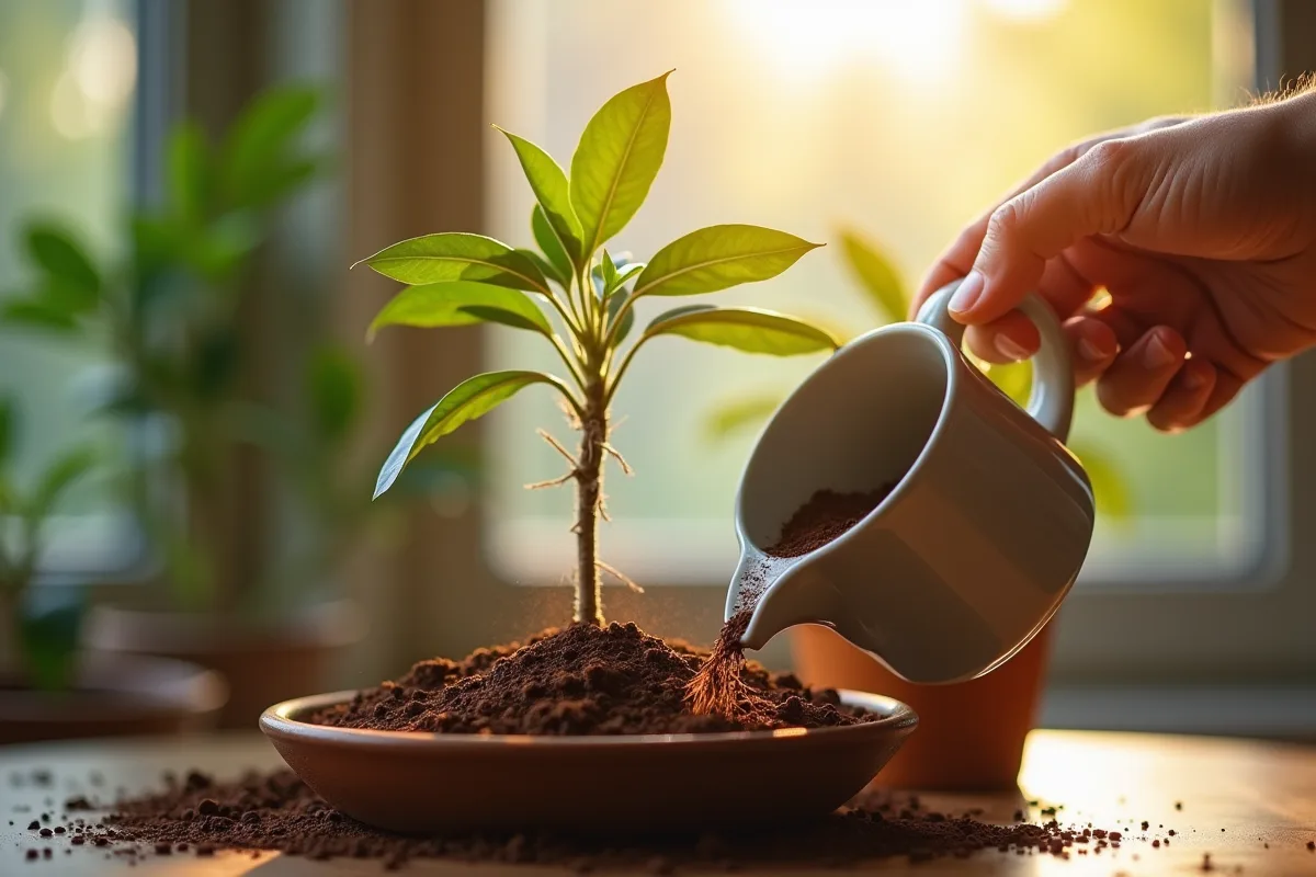 Marc de café utilisé comme engrais naturel dans un jardin