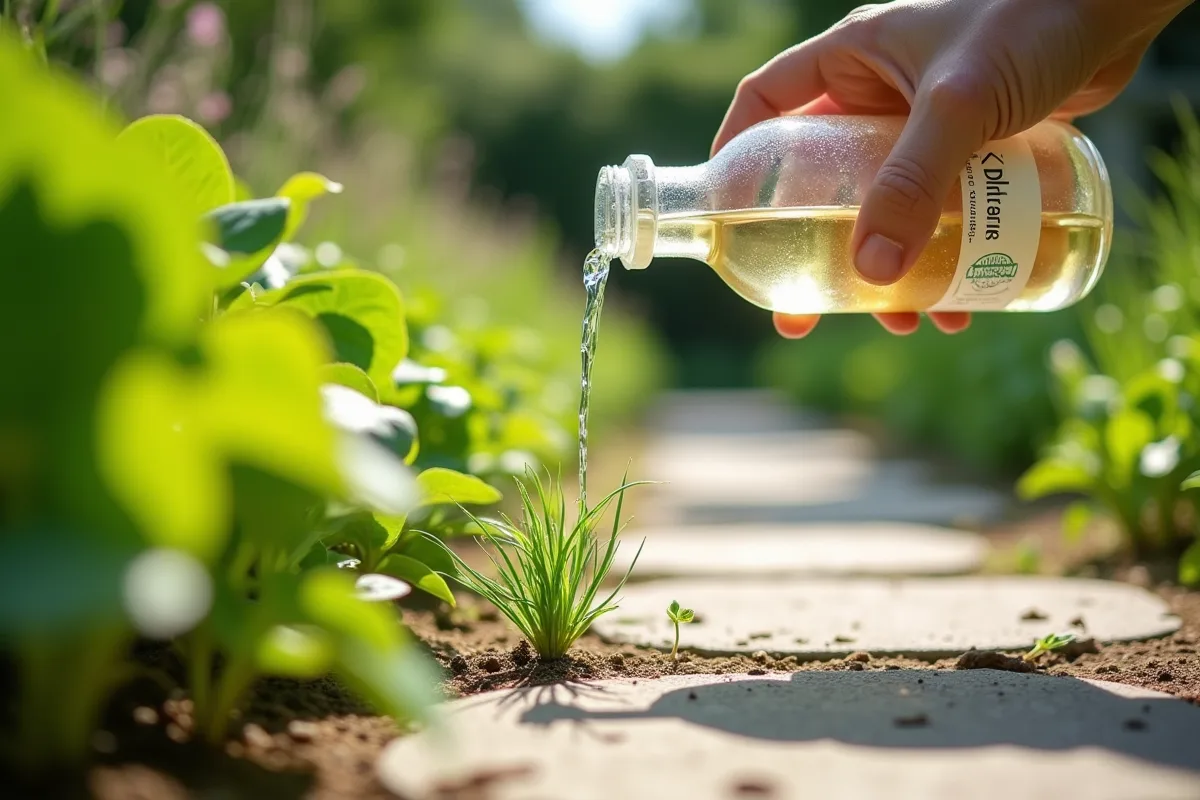 Vinaigre blanc utilisé comme désherbant naturel au jardin