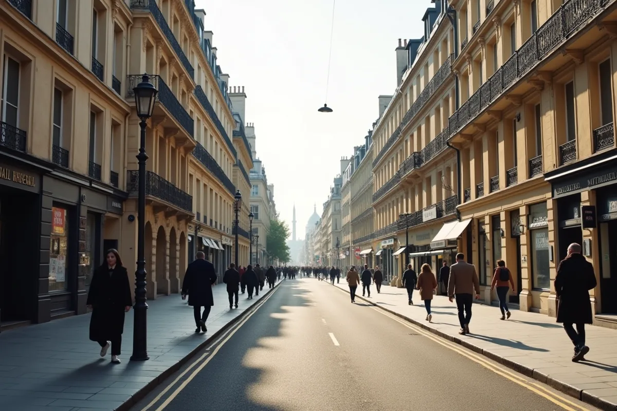 Piétons marchant à droite sur un trottoir urbain animé