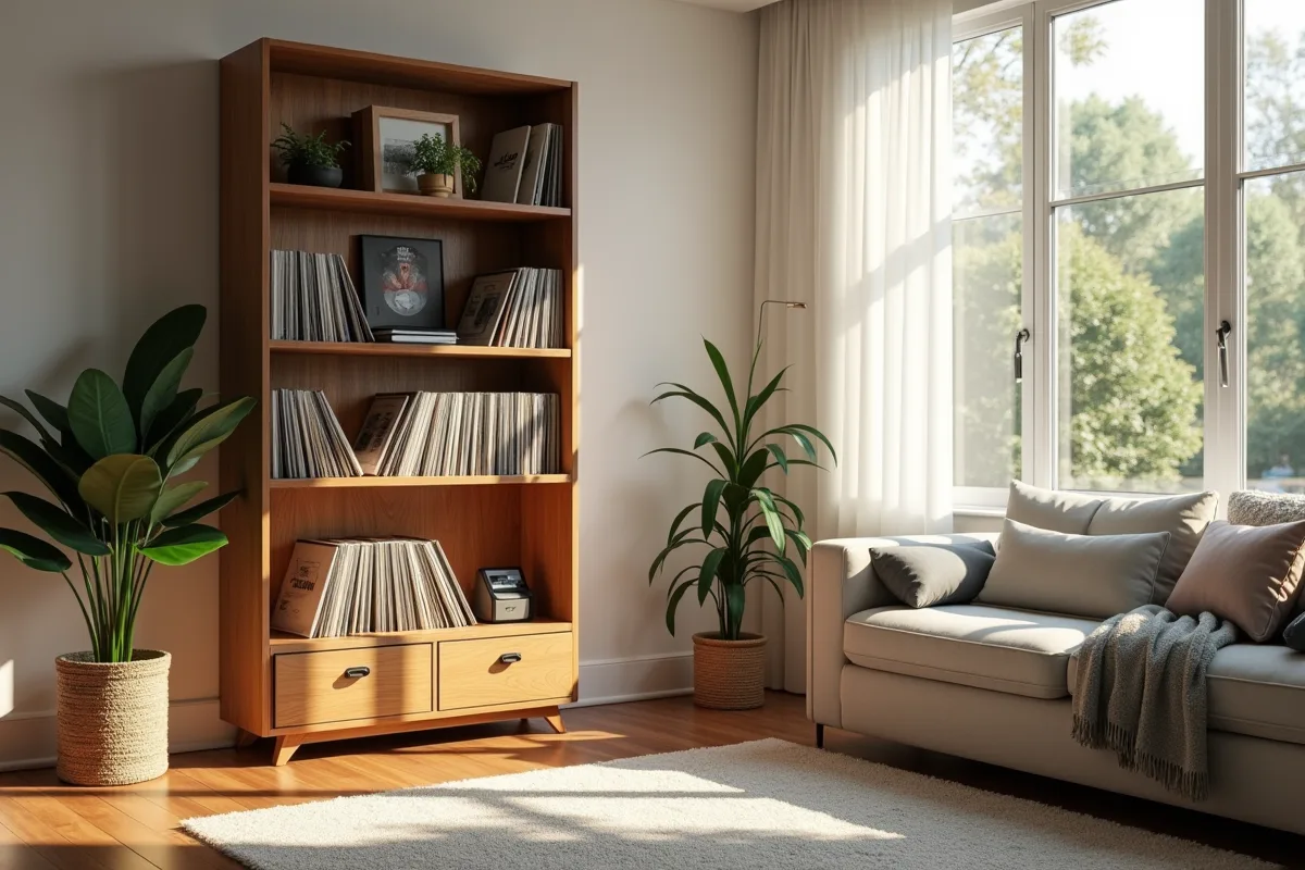 Vinyles soigneusement rangés dans un espace de vie stylé