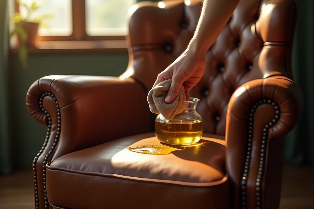 Application d'huile d'olive sur un cuir pour entretien naturel