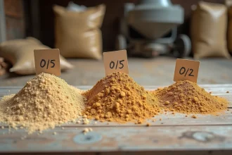 Trois tas de sable avec granulométries 0/2, 0/4 et 0/5 côte à côte sur un établi de chantier, vue de dessus