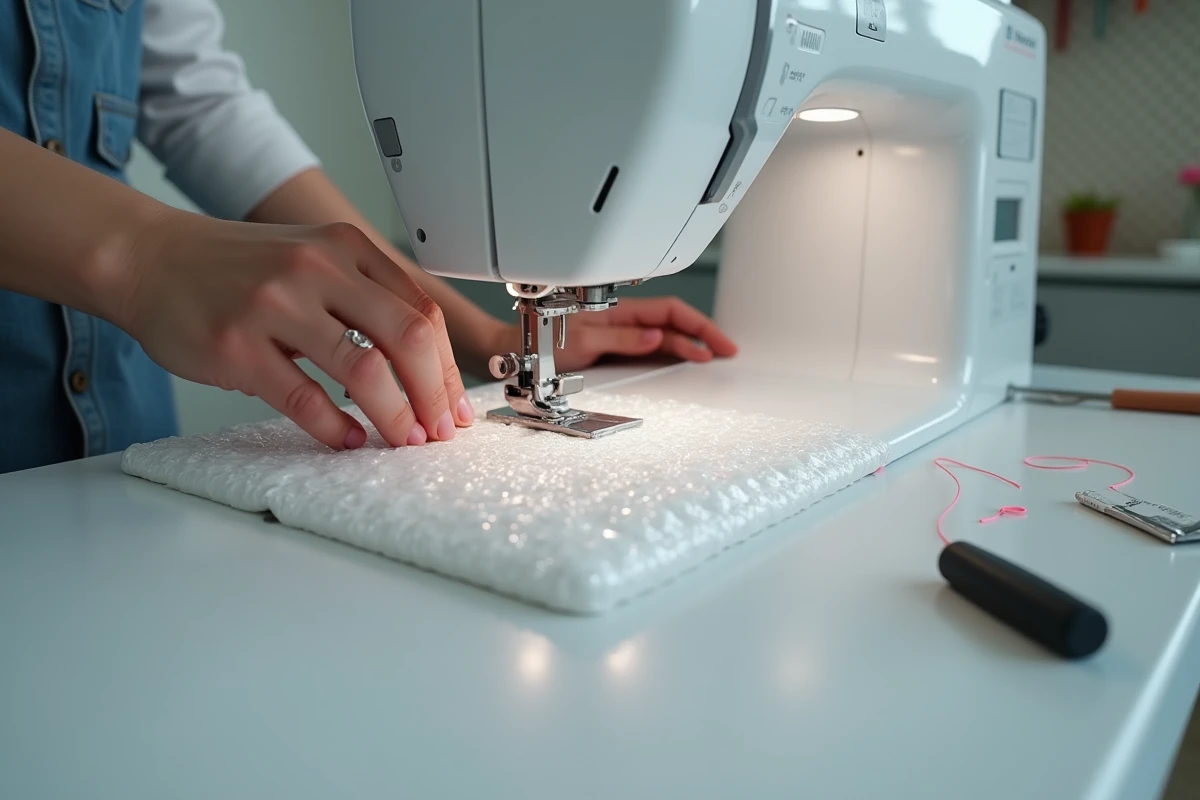 Gros plan sur des mains guidant une bâche à bulle sous le pied presseur d'une machine à coudre lors d'un projet de couture débutant