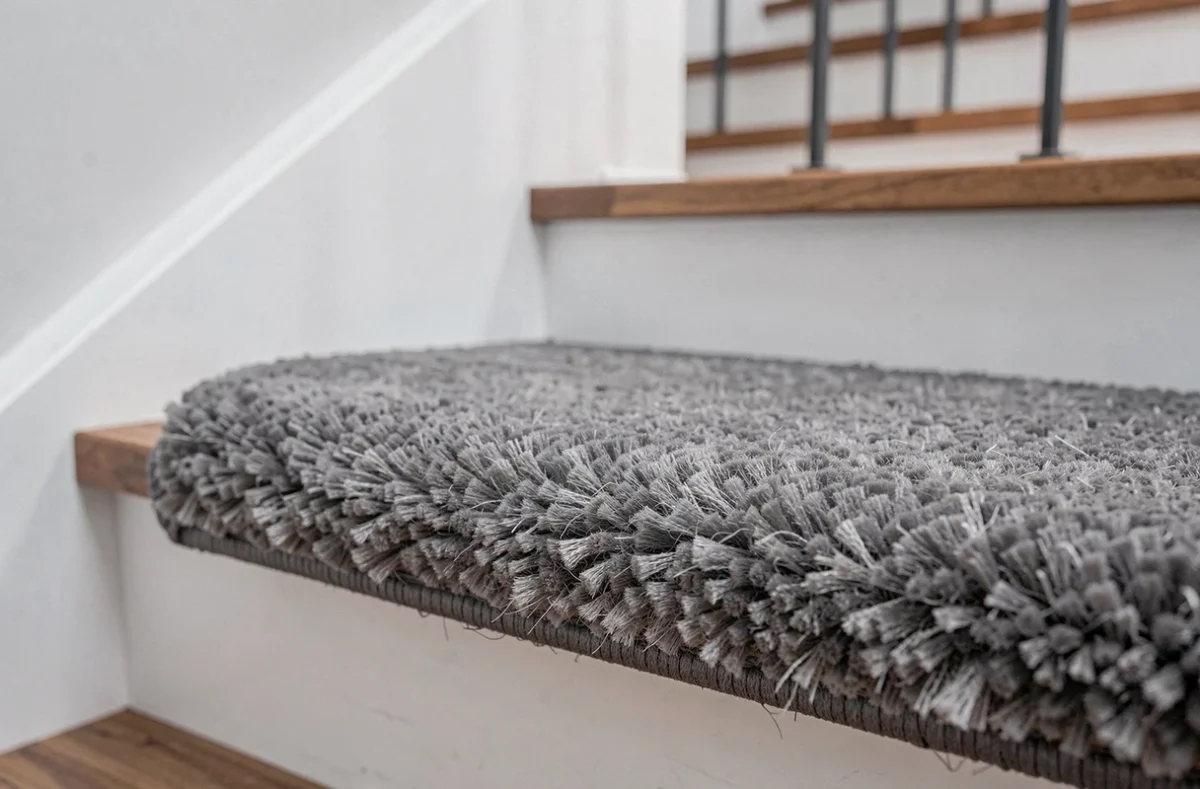 Gros plan sur une marche d'escalier recouverte de moquette grise posée sans plis ni bulles, finition soignée sur bord nez de marche