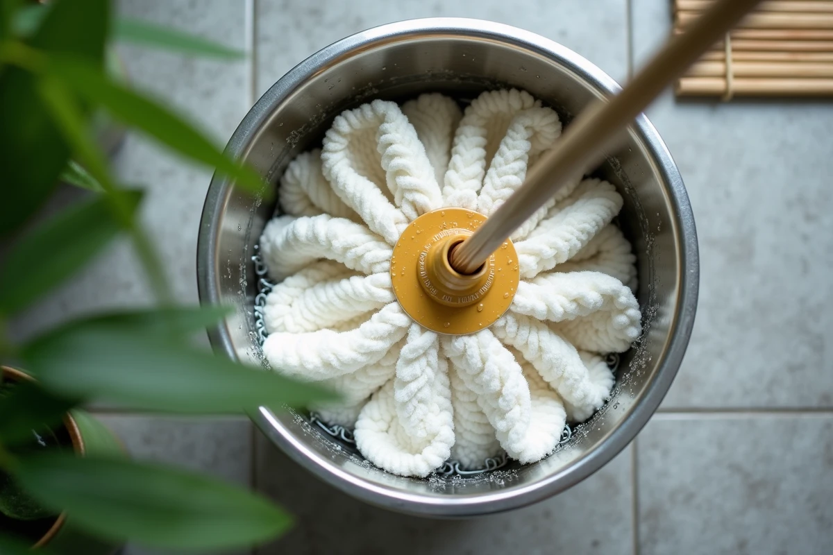 Gros plan sur les fibres d'une serpillière écologique en coton dans un seau essoreuse inox avec gouttes d'eau