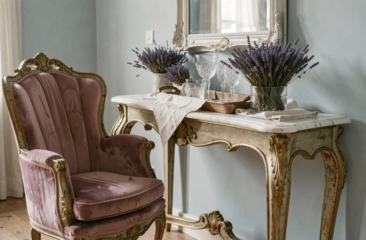Intérieur raffiné décoré par Harmonies 34 Anne de Latude à Béziers avec bergère Louis XVI en velours mauve et console en marbre