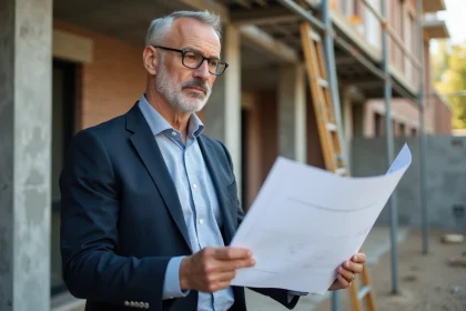 Homme d affaires examinant des plans de construction en extérieur