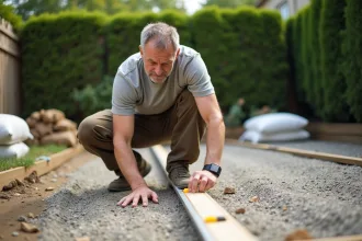 Homme utilisant un niveau pour vérifier le gravier dans un jardin