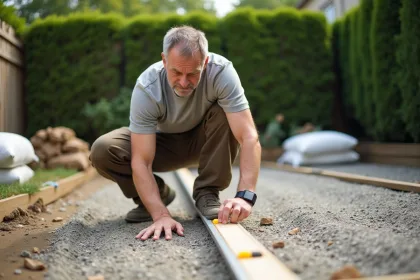 Homme utilisant un niveau pour vérifier le gravier dans un jardin