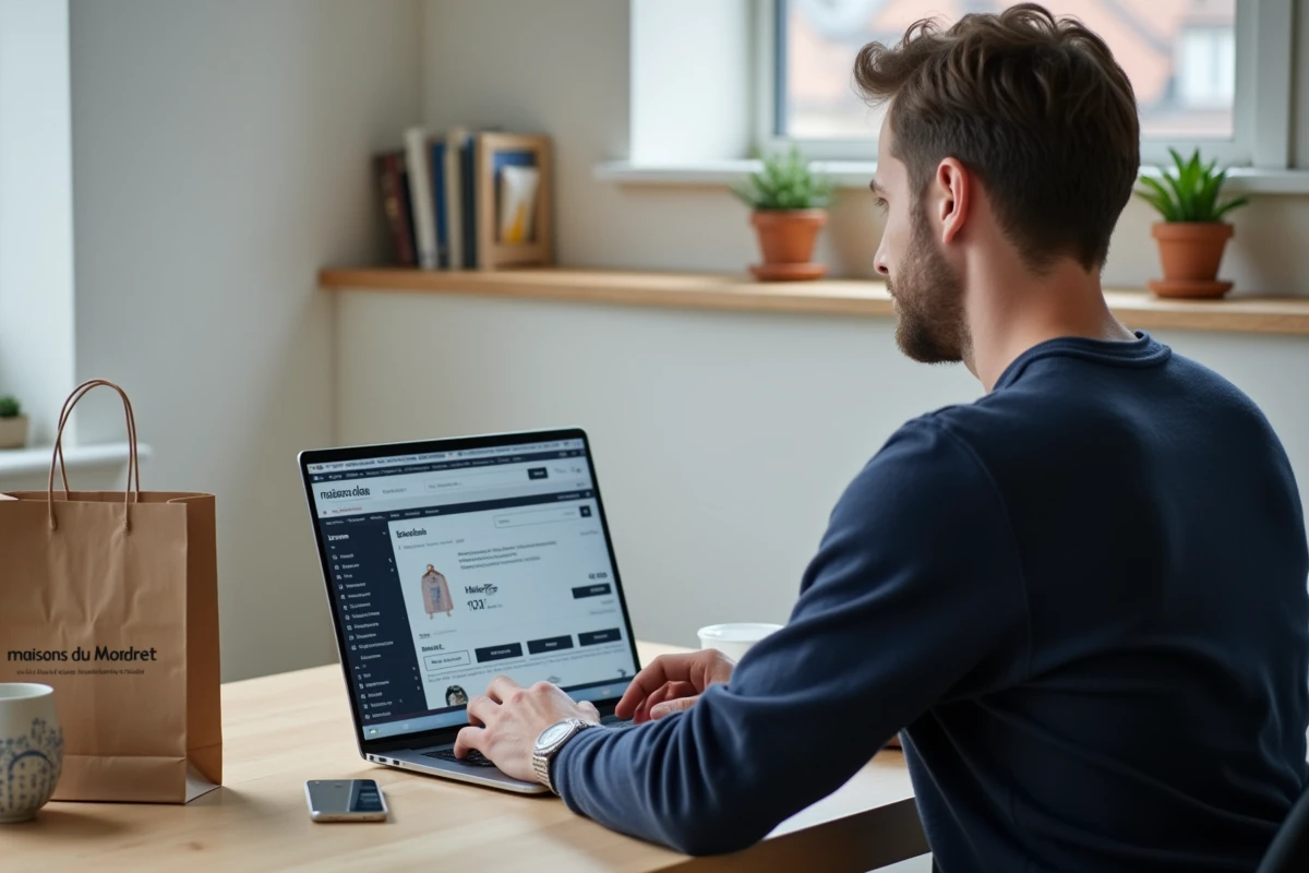 Homme appliquant un code de réduction CSE sur le site Maisons du Monde depuis son bureau à domicile