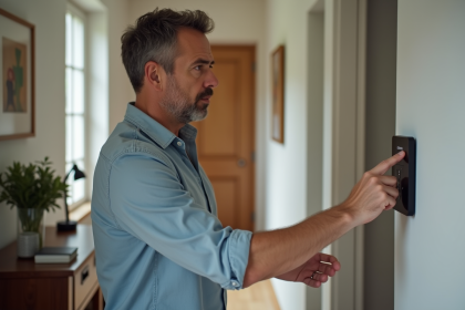 Homme d'âge moyen examinant un panneau de contrôle domotique