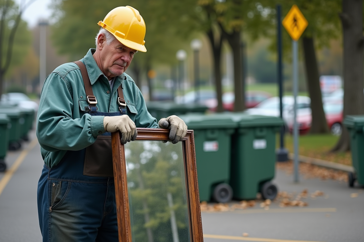 Homme âgé manipulant un vieux miroir au centre de recyclage