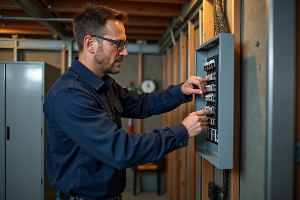Homme vérifiant un panneau électrique dans un sous-sol