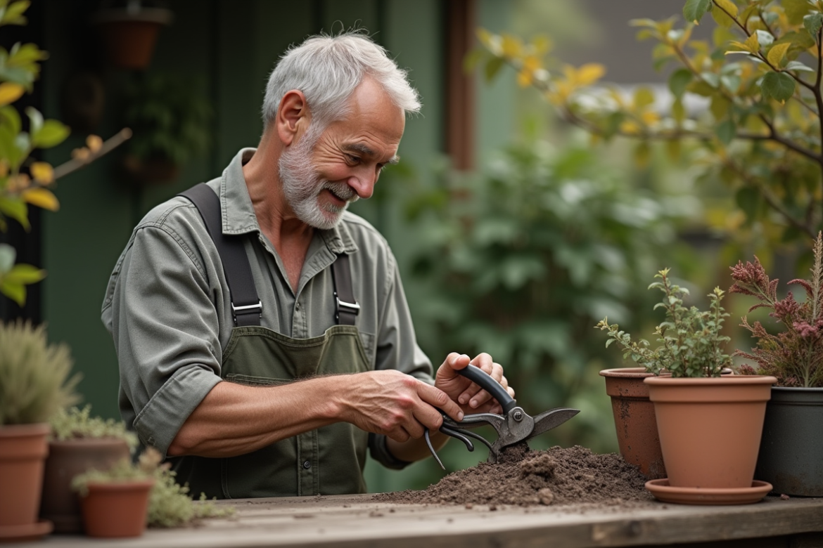 Homme d'âge moyen entretenant une cisaille de jardin