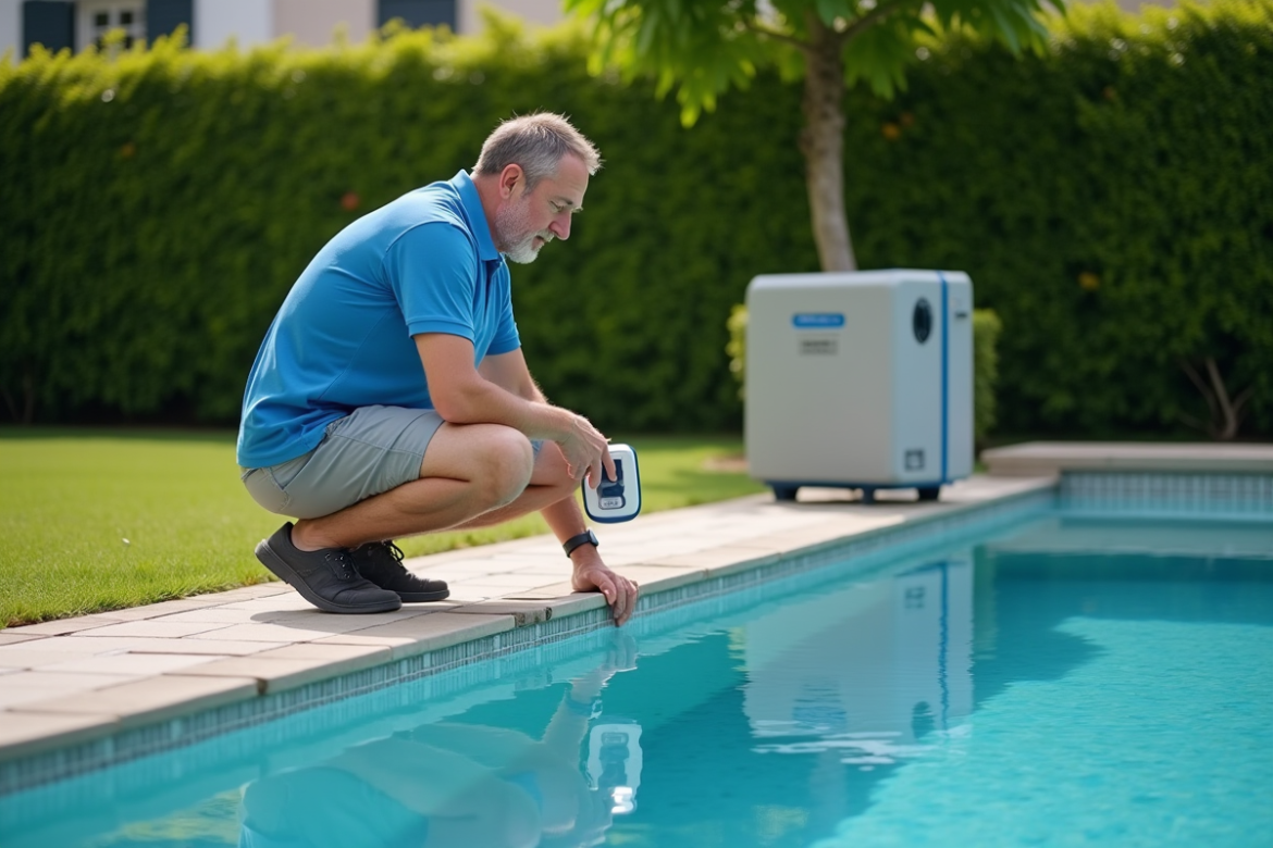 Homme vérifiant le panneau de filtration de la piscine