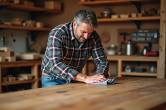 Homme appliquant de l'huile sur un plateau en chêne