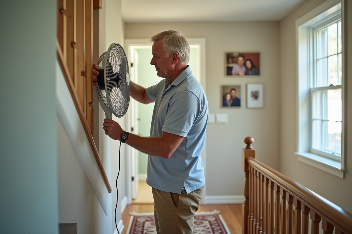 Homme middleaged posant un ventilateur dans une maison lumineuse