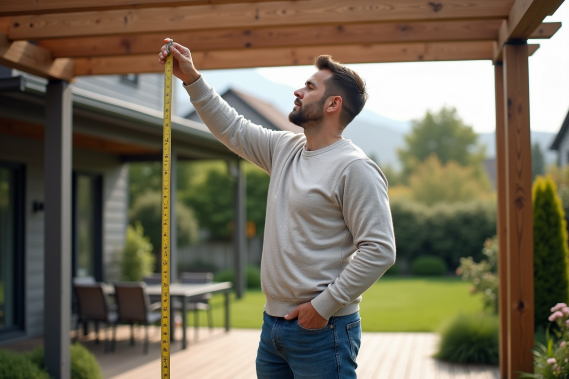 Homme mesurant une pergola dans un jardin verdoyant