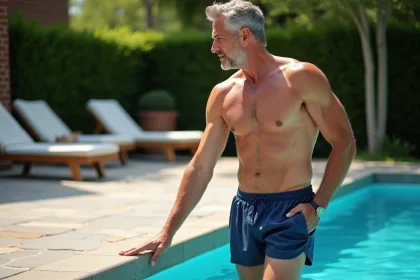Homme d'âge moyen près de la piscine en maillot bleu