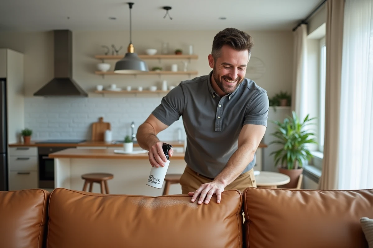 Homme nettoyant un canapé en cuir dans un appartement lumineux