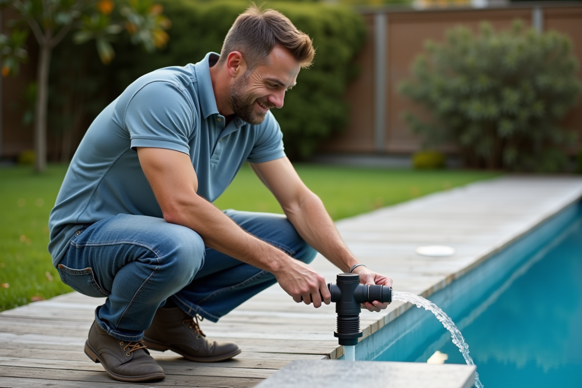 Homme en polo nettoyant une piscine extérieure