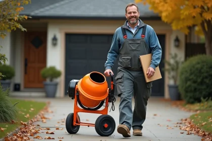 Homme souriant en vêtements de chantier avec bétonnière