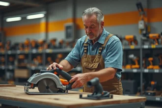 Homme en overalls examinant une scie circulaire en magasin