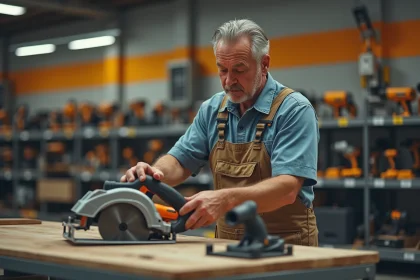 Homme en overalls examinant une scie circulaire en magasin