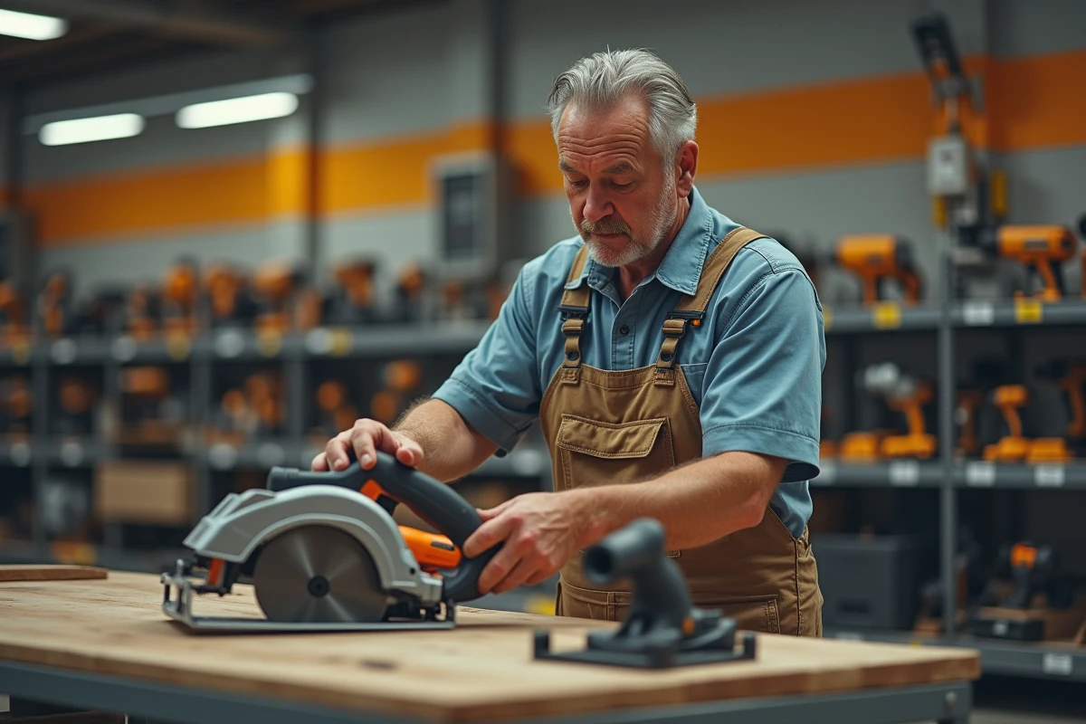 Homme en overalls examinant une scie circulaire en magasin