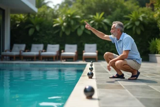 Homme d'âge moyen près d'une piscine extérieure moderne